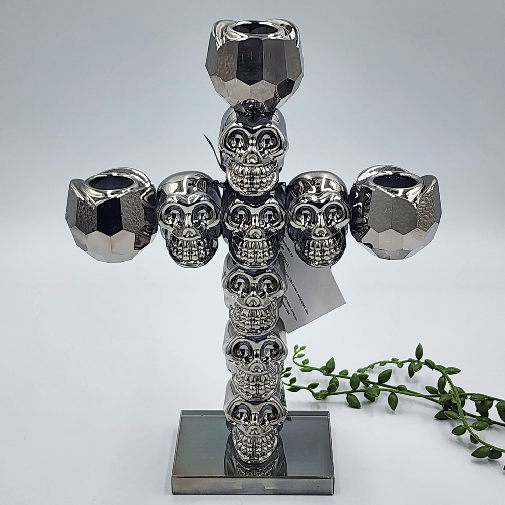 Well Dressed Home Skull Candelabra Silver Gothic Cross Candle Holder Halloween